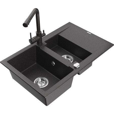 Mexen Gaspar dřez granitový 1,5-komorový s odkapávačem a kuchyňskou baterií Duero, černý skvrnitý - 6507-76-671600-76