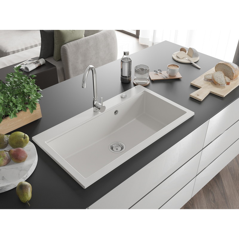 Mexen Slido granitový jednodřez 900 x 500 mm, bílý, chromovaný sifon - 6528901005-20