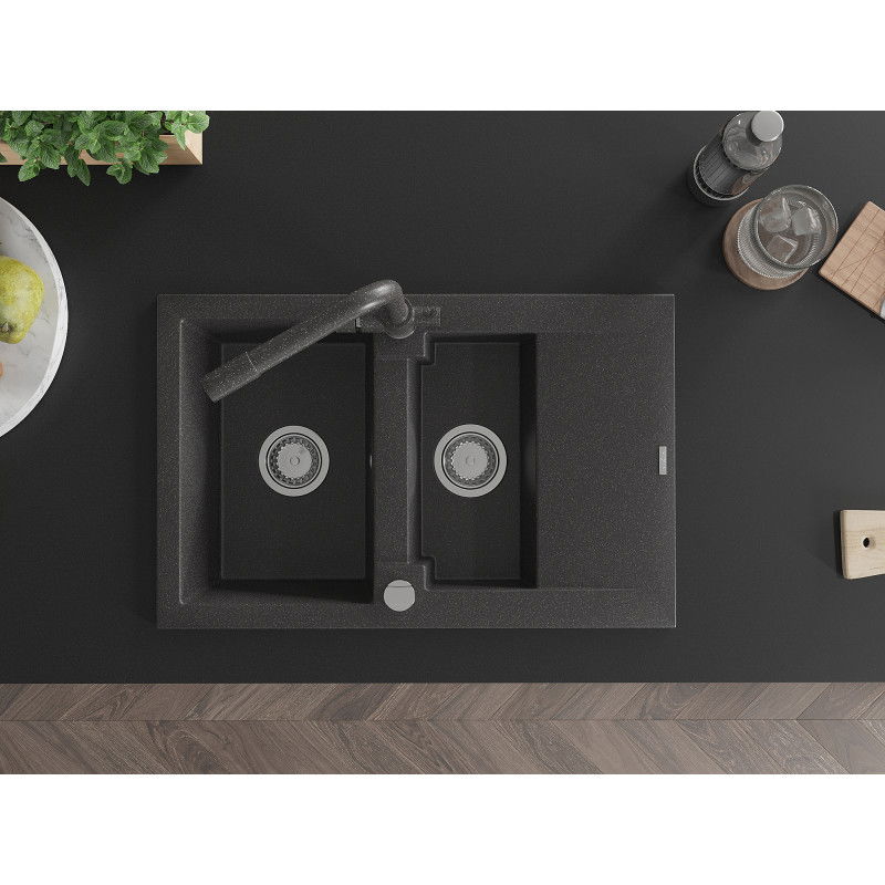 Mexen Gaspar dřez granitový 1,5-komorový s odkapávačem a kuchyňskou baterií Duero, černý skvrnitý - 6507-76-671600-76