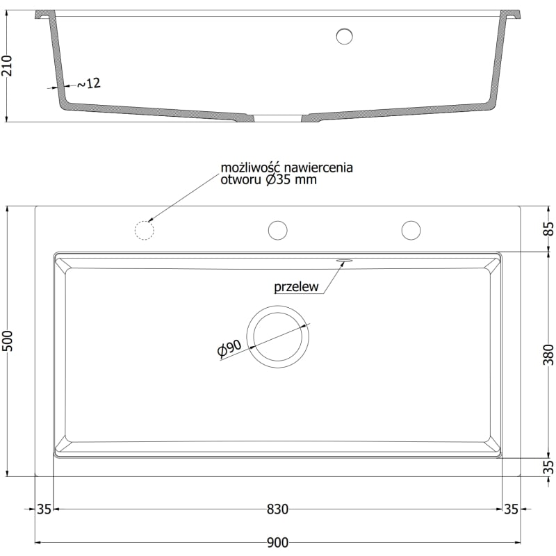 Mexen Slido granitový dřez 1-komorový 900 x 500 mm, černý/stříbrný metalik, sifon chrom - 6528901005-73