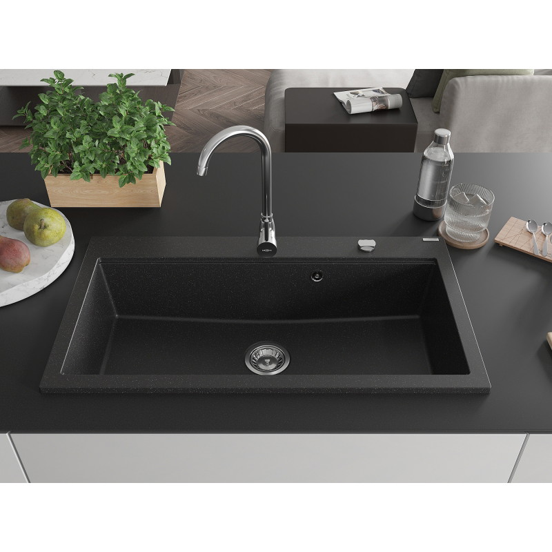 Mexen Slido granitový jednodřez 900 x 500 mm, černá/stříbrná metalíza, chromovaný sifon - 6528901005-73
