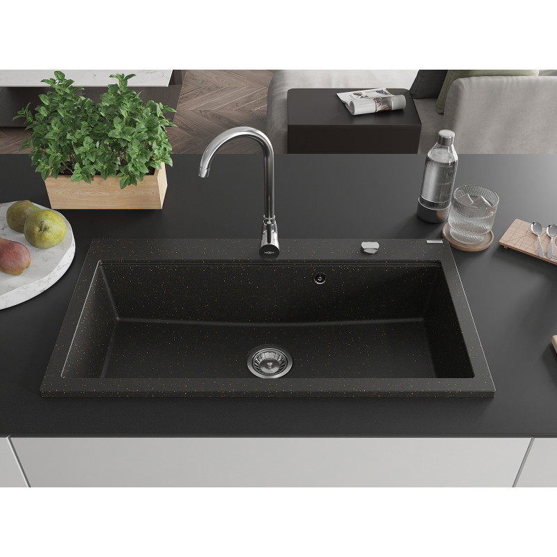 Mexen Slido granitový jednodřez 900 x 500 mm, černý/zlatý metalický, chromovaný sifon - 6528901005-75