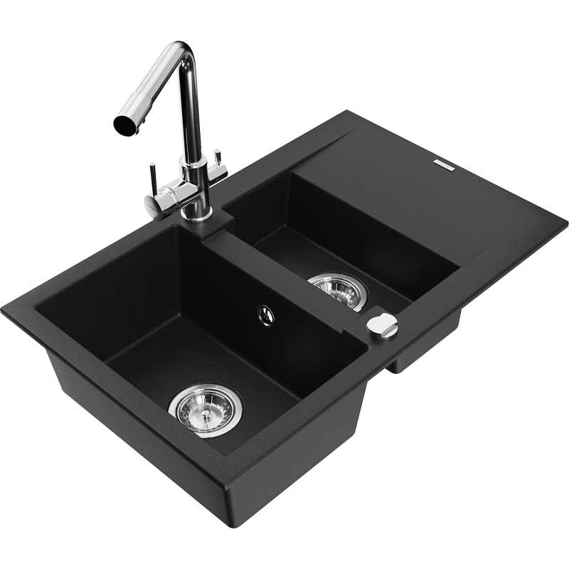Mexen Gaspar granitový dřez 1,5-komorový s odkapávačem a kuchyňskou baterií Duero, černý - 6507-77-671600-00