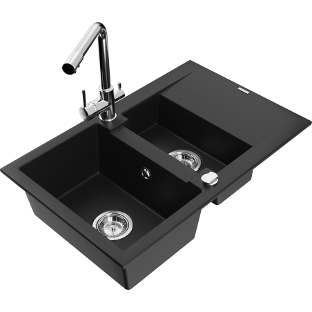 Mexen Gaspar granitový dřez 1,5-komorový s odkapávačem a kuchyňskou baterií Duero, černý - 6507-77-671600-00