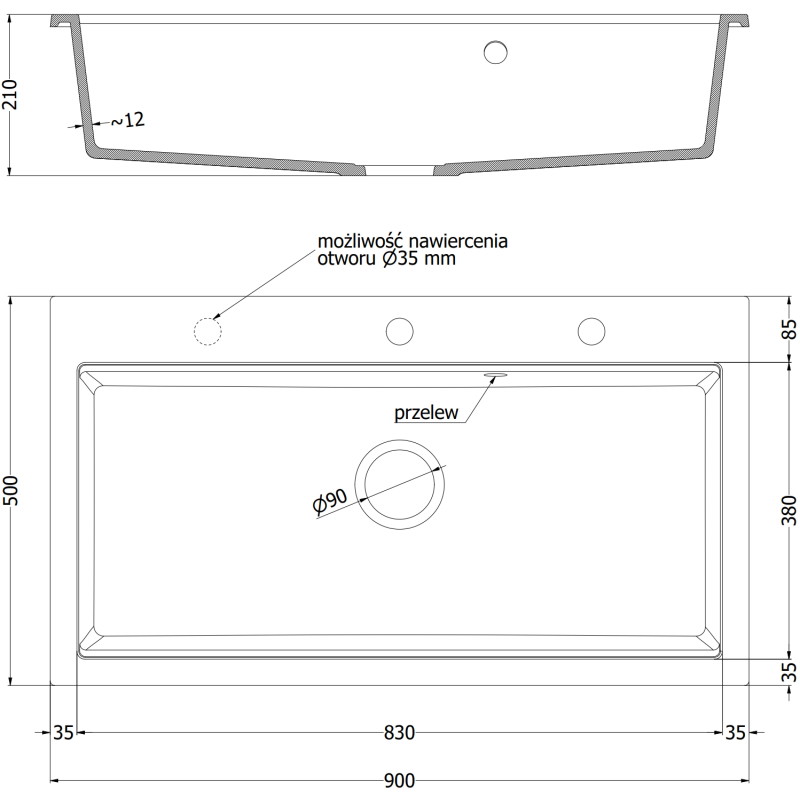 Mexen Slido granitový jednodřez 900 x 500 mm, černý tečkovaný, chromový sifon - 6528901005-75 - 6528901005-76