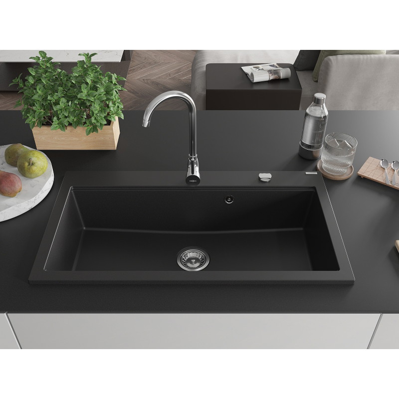 Mexen Slido granitový dřez s 1 vaničkou 900 x 500 mm, černý, chromovaný sifon - 6528901005-77
