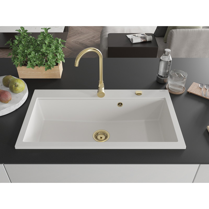 Mexen Slido granitový jednodřez 900 x 500 mm, bílý, zlatý sifon - 6528901005-20-G
