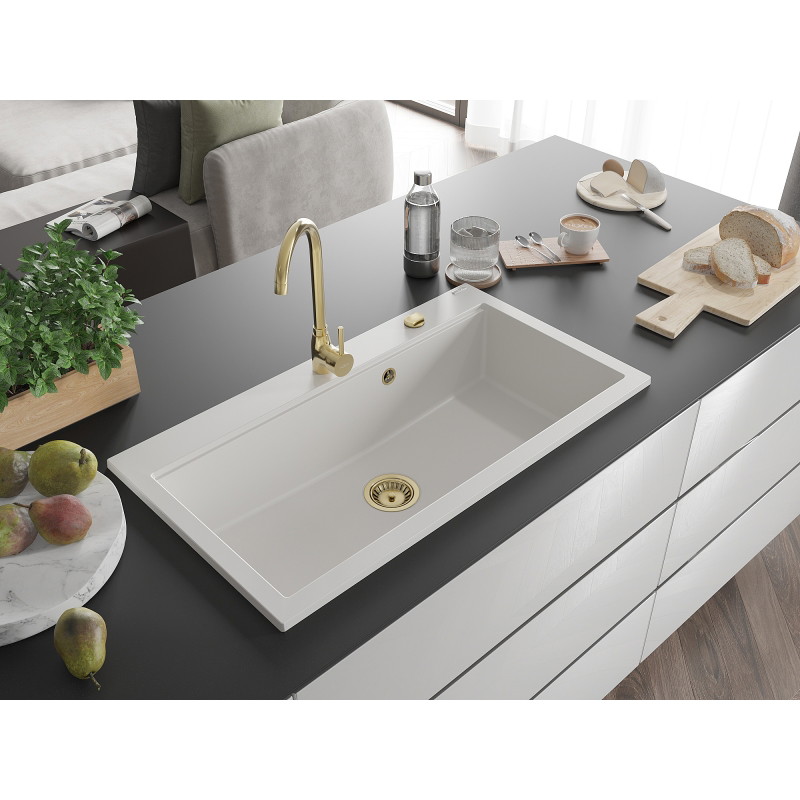 Mexen Slido granitový jednodřez 900 x 500 mm, bílý, zlatý sifon - 6528901005-20-G