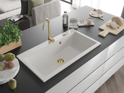 Mexen Slido granitový jednodřez 900 x 500 mm, bílý, zlatý sifon - 6528901005-20-G