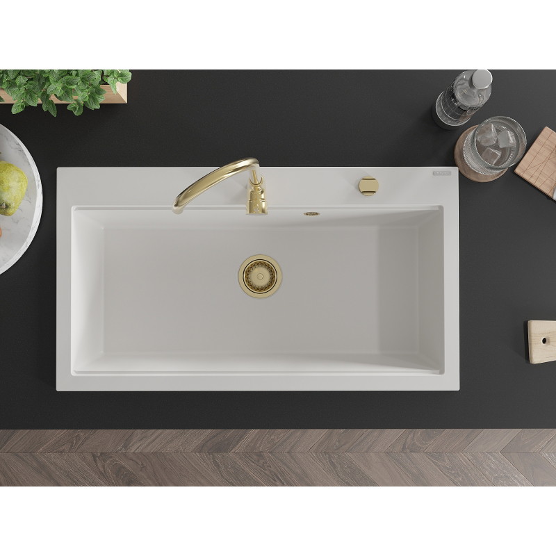 Mexen Slido granitový jednodřez 900 x 500 mm, bílý, zlatý sifon - 6528901005-20-G