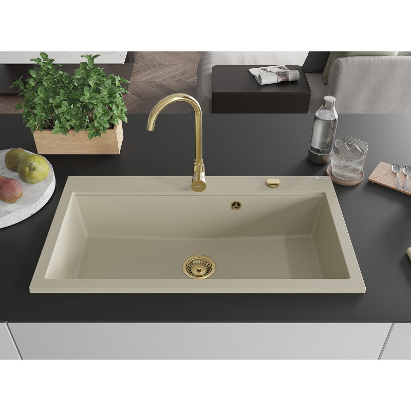 Mexen Slido granitový dřez jednodřez 900 x 500 mm, béžový, zlatý sifon - 6528901005-69-G
