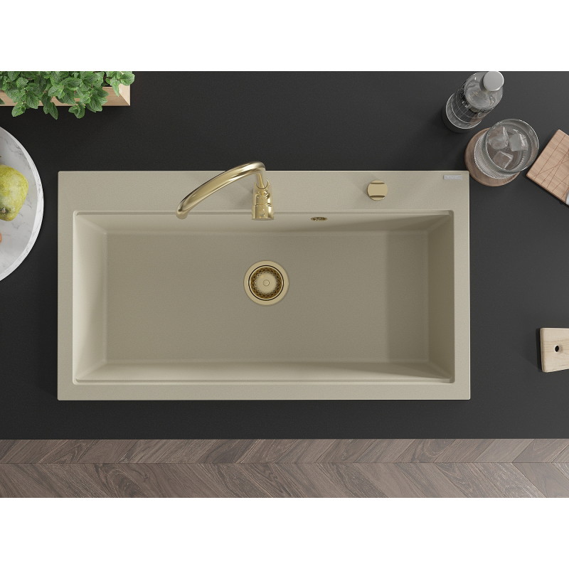 Mexen Slido granitový dřez jednodřez 900 x 500 mm, béžový, zlatý sifon - 6528901005-69-G