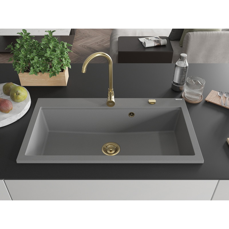 Mexen Slido granitový dřez s 1 komorou 900 x 500 mm, šedý, zlatý sifon - 6528901005-71-G