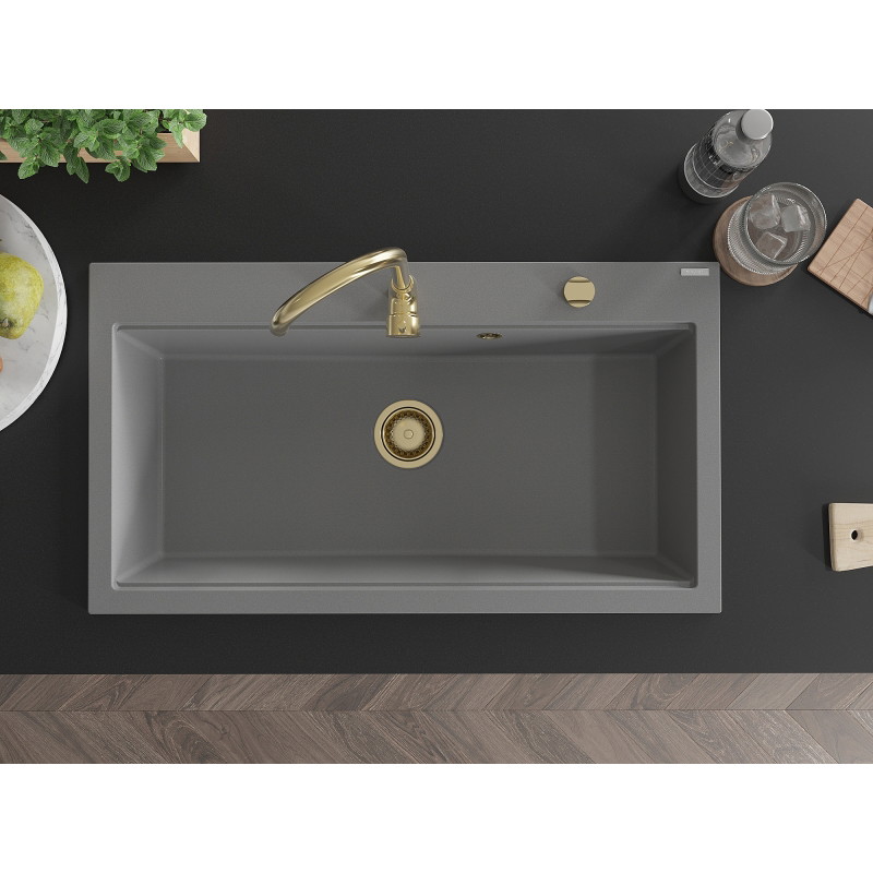 Mexen Slido granitový dřez s 1 komorou 900 x 500 mm, šedý, zlatý sifon - 6528901005-71-G