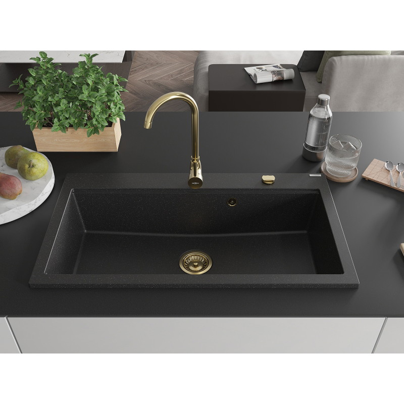 Mexen Slido granitový jednodřez 900 x 500 mm, černý/stříbrný metalický, zlatý sifon - 6528901005-73-G
