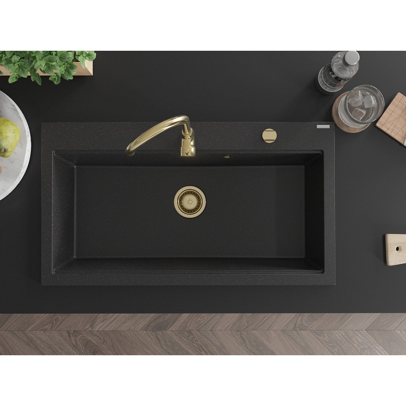 Mexen Slido granitový jednodřez 900 x 500 mm, černý/stříbrný metalický, zlatý sifon - 6528901005-73-G