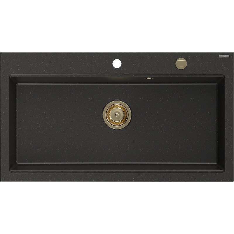 Mexen Slido granitový dřez s 1 vaničkou 900 x 500 mm, černý/zlatý metalik, zlatý sifon - 6528901005-75-G
