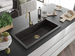 Mexen Slido granitový dřez s 1 vaničkou 900 x 500 mm, černý/zlatý metalik, zlatý sifon - 6528901005-75-G