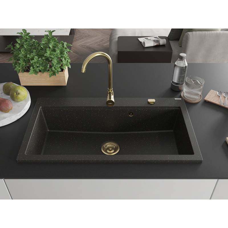 Mexen Slido granitový dřez s 1 vaničkou 900 x 500 mm, černý/zlatý metalik, zlatý sifon - 6528901005-75-G