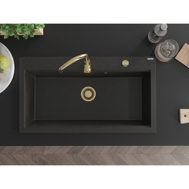 Mexen Slido granitový dřez s 1 vaničkou 900 x 500 mm, černý/zlatý metalik, zlatý sifon - 6528901005-75-G