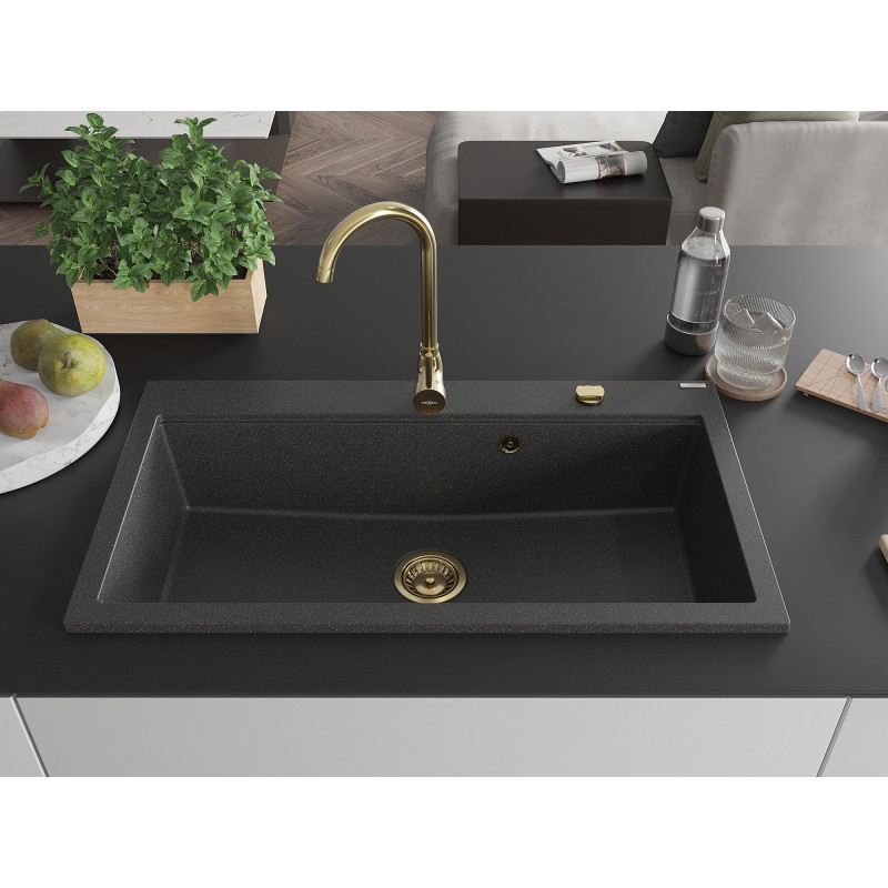 Mexen Slido Granitový jednodřez 900 x 500 mm, černý tečkovaný, zlatý sifon - 6528901005-76-G