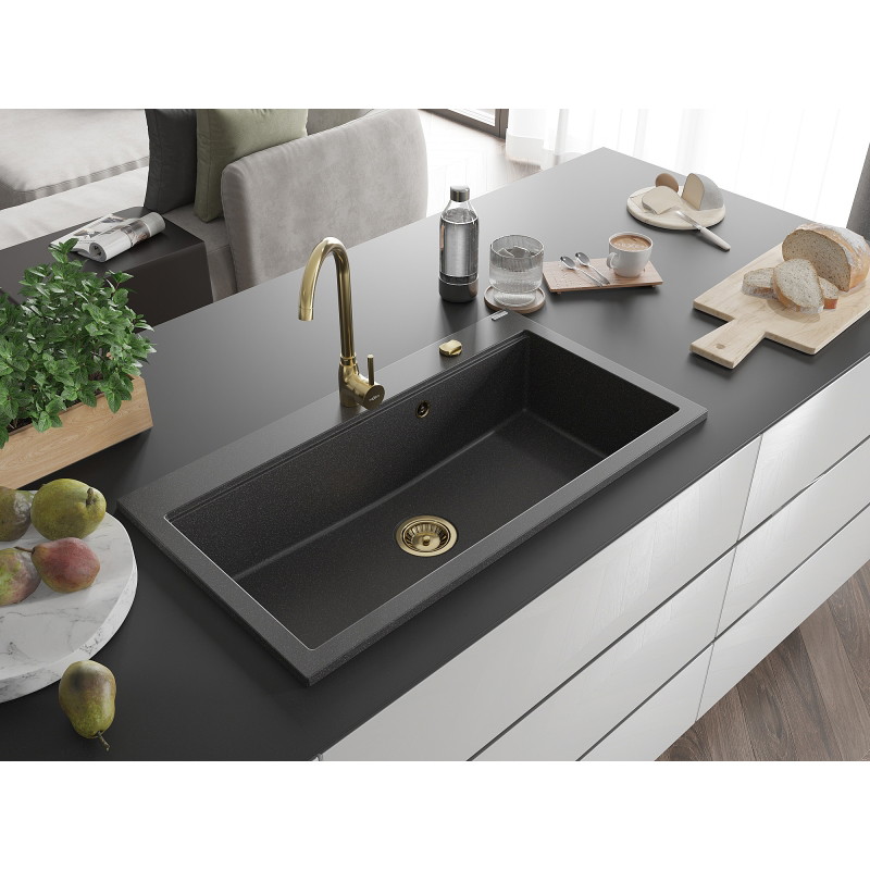 Mexen Slido Granitový jednodřez 900 x 500 mm, černý tečkovaný, zlatý sifon - 6528901005-76-G
