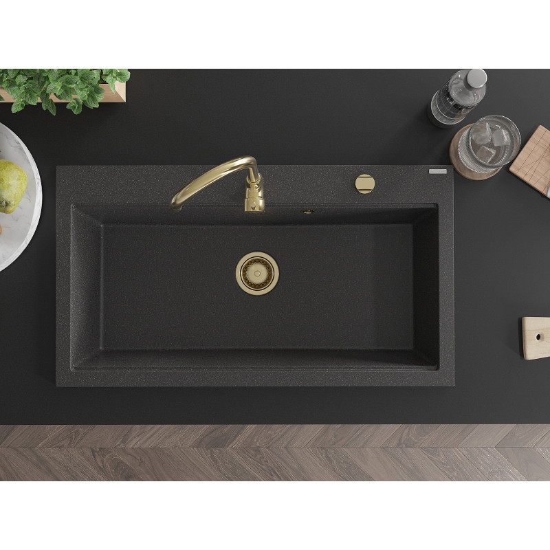 Mexen Slido Granitový jednodřez 900 x 500 mm, černý tečkovaný, zlatý sifon - 6528901005-76-G