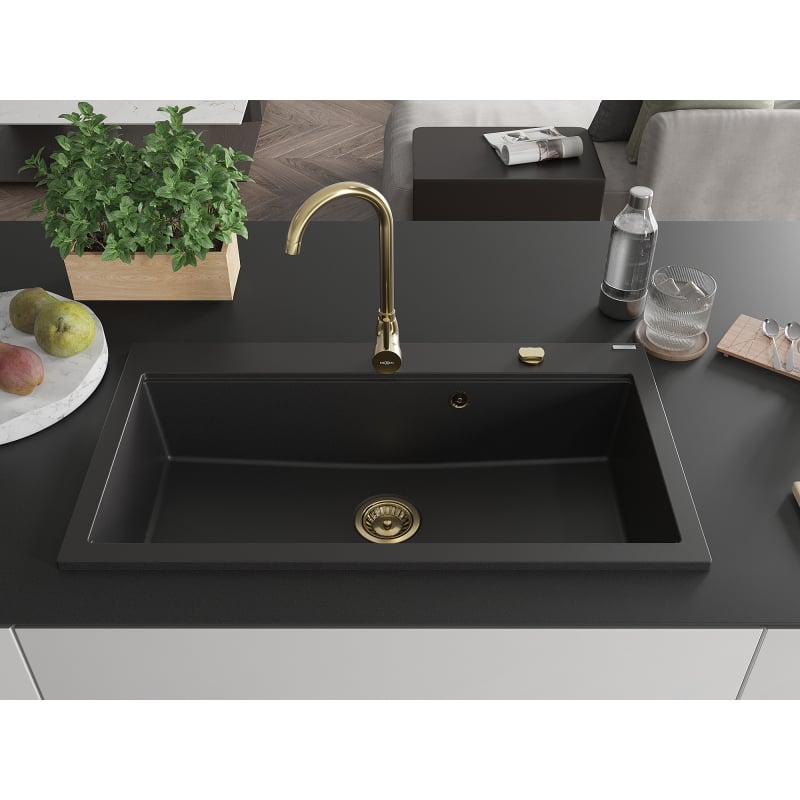 Mexen Slido granitový dřez 1-komorový 900 x 500 mm, černý, zlatý sifon - 6528901005-77-G