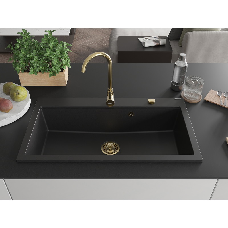 Mexen Slido granitový jednodřez 900 x 500 mm, černý, zlatý sifon - 6528901005-77-G