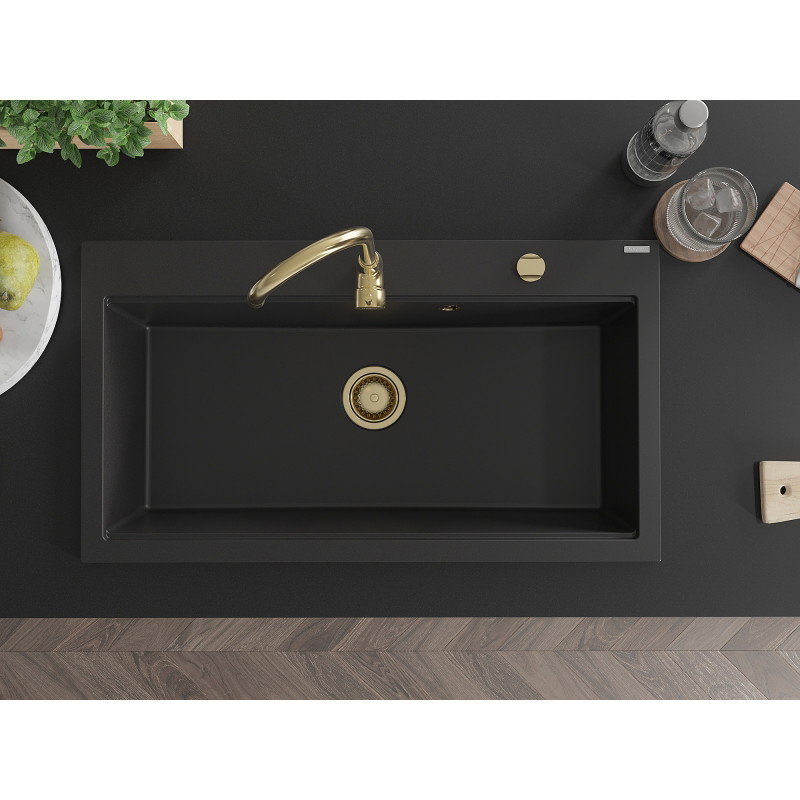 Mexen Slido granitový jednodřez 900 x 500 mm, černý, zlatý sifon - 6528901005-77-G