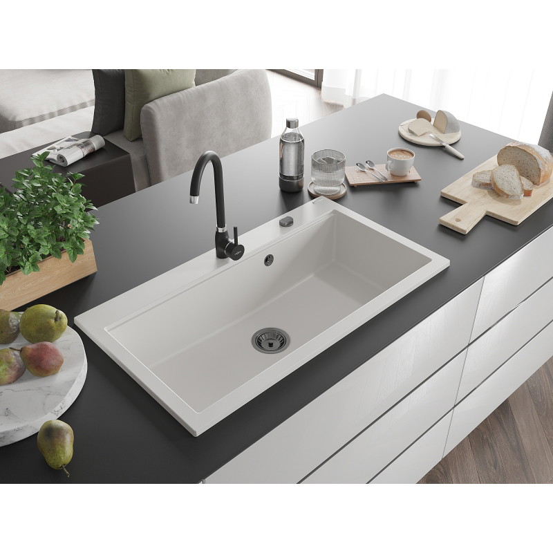 Mexen Slido granitový jednodřez 900 x 500 mm, bílý, černý sifon - 6528901005-20-B