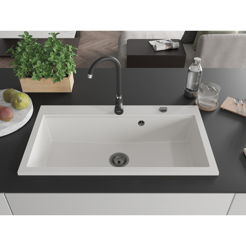 Mexen Slido granitový jednodřez 900 x 500 mm, bílý, černý sifon - 6528901005-20-B
