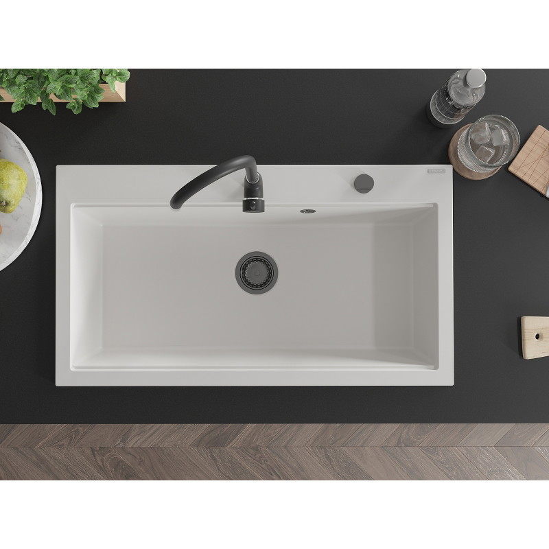 Mexen Slido granitový jednodřez 900 x 500 mm, bílý, černý sifon - 6528901005-20-B