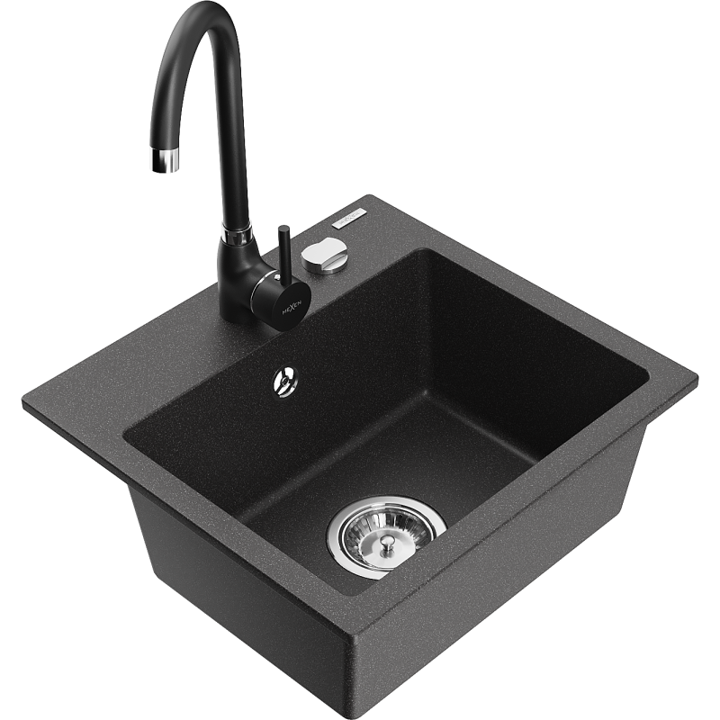 Mexen Milo granitový dřez 1-komorový s kuchyňskou baterií Telma, černý kropenatý - 6505-76-670200-70