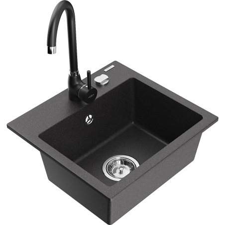 Mexen Milo granitový dřez 1-komorový s kuchyňskou baterií Telma, černý kropenatý - 6505-76-670200-70