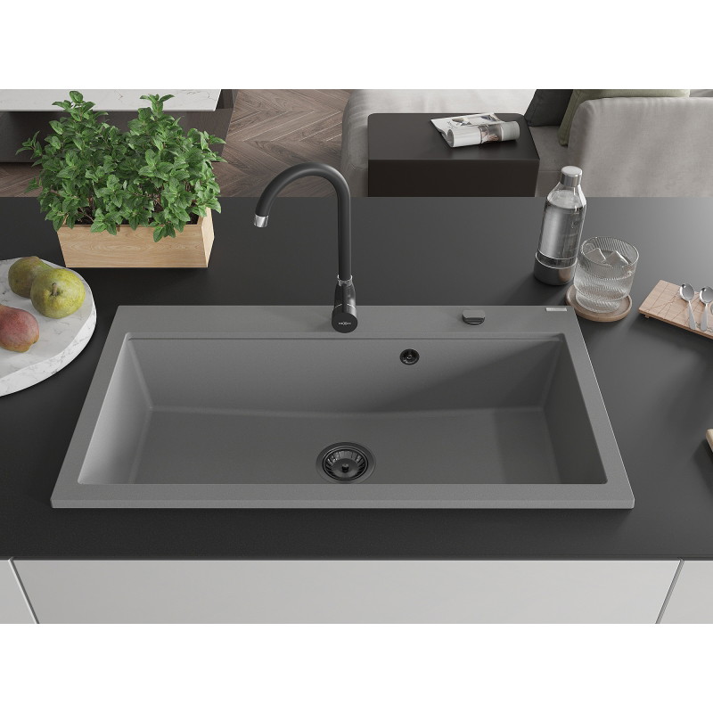 Mexen Slido granitový jednodřez 900 x 500 mm, šedý, černý sifon - 6528901005-71-B