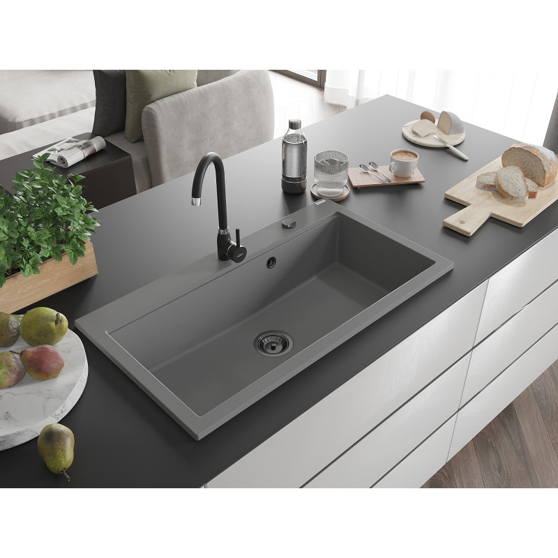 Mexen Slido granitový jednodřez 900 x 500 mm, šedý, černý sifon - 6528901005-71-B