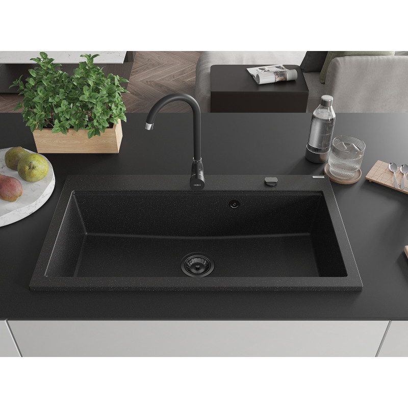 Mexen Slido granitový jednodřez 900 x 500 mm, černý/stříbrný metalický, černý sifon - 6528901005-73-B