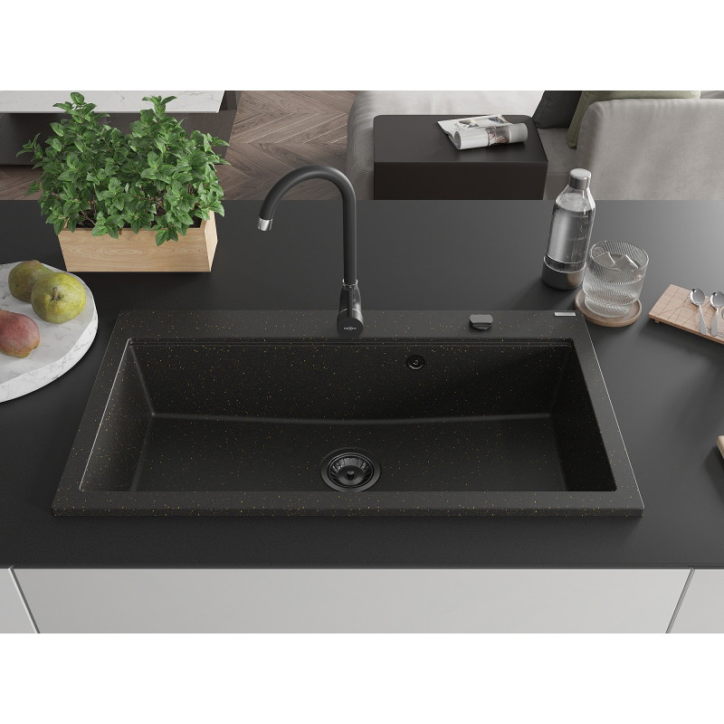 Mexen Slido granitový jednodřez 900 x 500 mm, černý/zlatý metalik, černý sifon - 6528901005-75-B