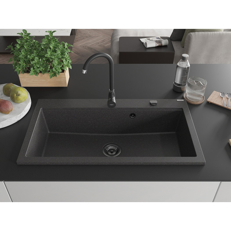 Mexen Slido granitový jednodřez 900 x 500 mm, černý tečkovaný, černý sifon - 6528901005-76-B