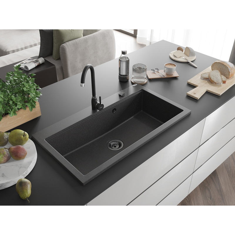 Mexen Slido granitový jednodřez 900 x 500 mm, černý tečkovaný, černý sifon - 6528901005-76-B