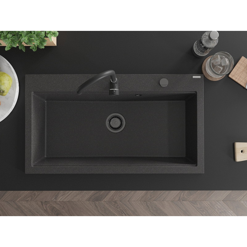 Mexen Slido granitový jednodřez 900 x 500 mm, černý tečkovaný, černý sifon - 6528901005-76-B