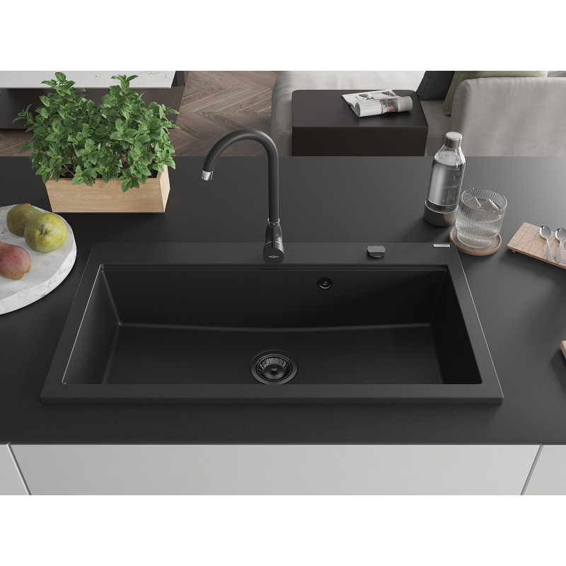 Mexen Slido granitový dřez s 1 komorou 900 x 500 mm, černý, černý sifon - 6528901005-77-B