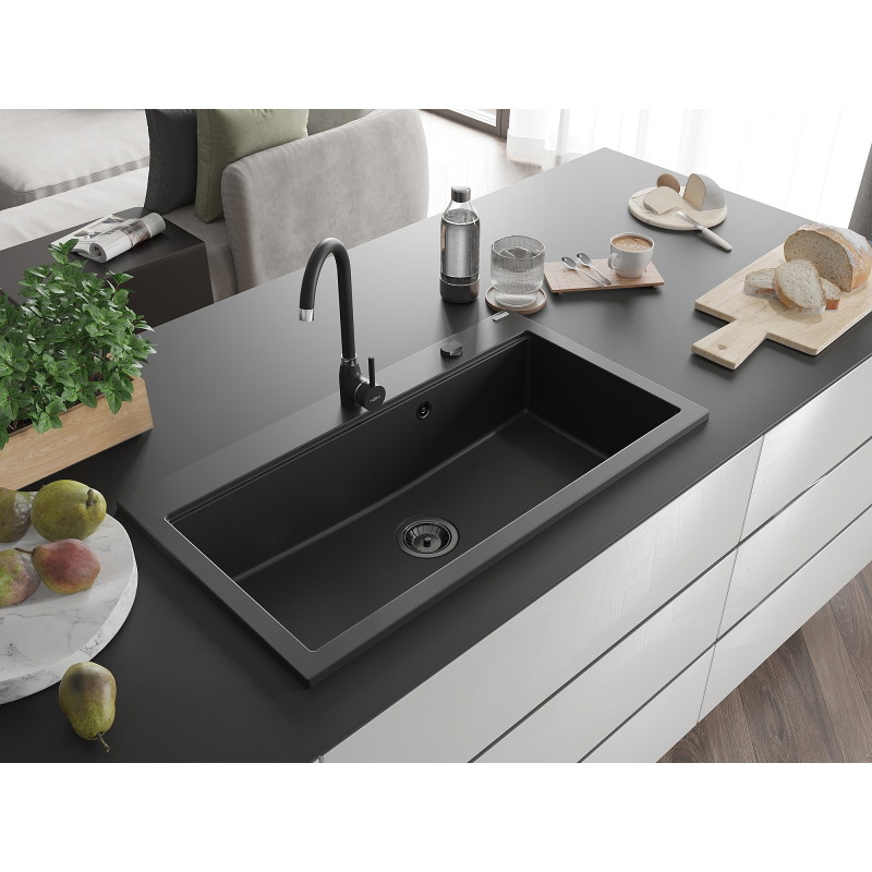 Mexen Slido granitový dřez s 1 komorou 900 x 500 mm, černý, černý sifon - 6528901005-77-B