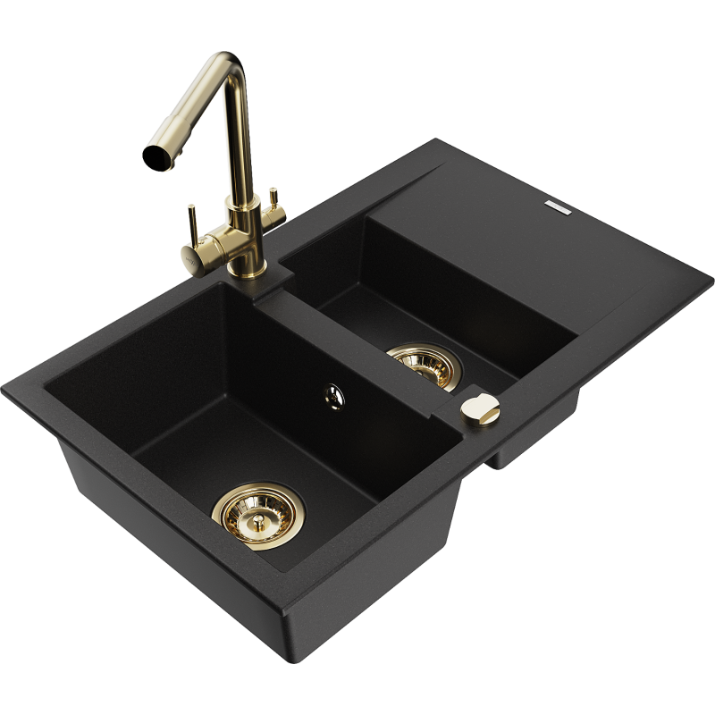 Mexen Gaspar granitový dřez 1,5-komorový s odkapávačem a kuchyňskou baterií Duero, černý - 6507-77-671600-50