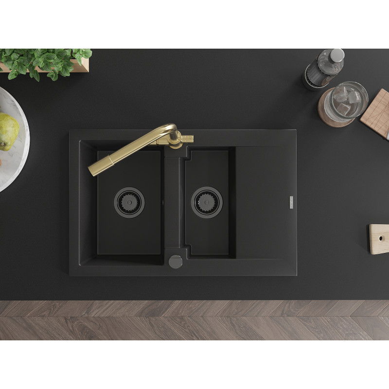 Mexen Gaspar granitový dřez 1,5-komorový s odkapávačem a kuchyňskou baterií Duero, černý - 6507-77-671600-50-B