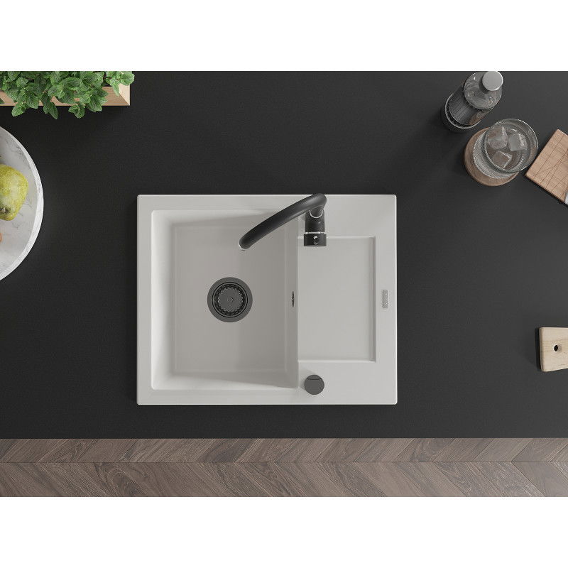 Mexen Enzo granitový dřez s odkapávačem a kuchyňskou baterií Telma, bílý - 6506-20-670200-70