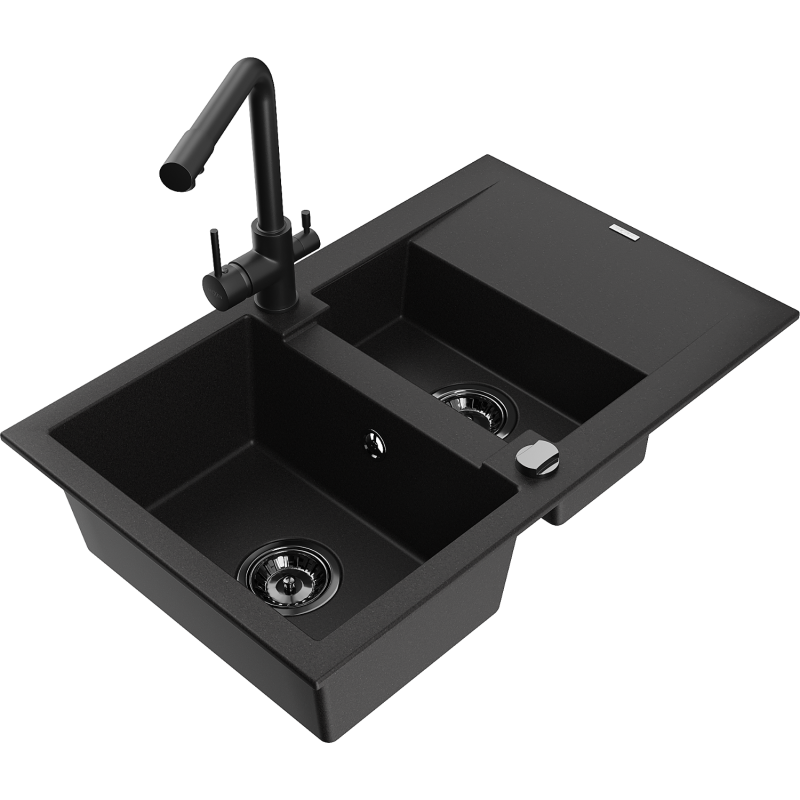 Mexen Gaspar žulový dřez 1,5-komorový s odkapávačem a kuchyňskou baterií Duero, černý - 6507-77-671600-70-B