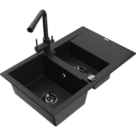 Mexen Gaspar žulový dřez 1,5-komorový s odkapávačem a kuchyňskou baterií Duero, černý - 6507-77-671600-70-B