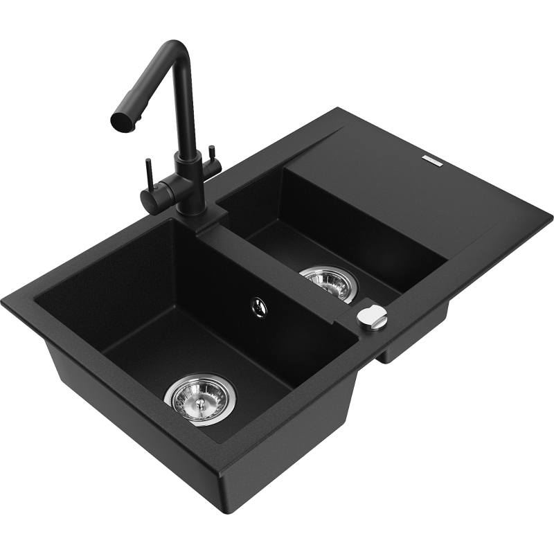 Mexen Gaspar granitový dřez 1,5komorový s odkapávačem a kuchyňskou baterií Duero, černý - 6507-77-671600-70